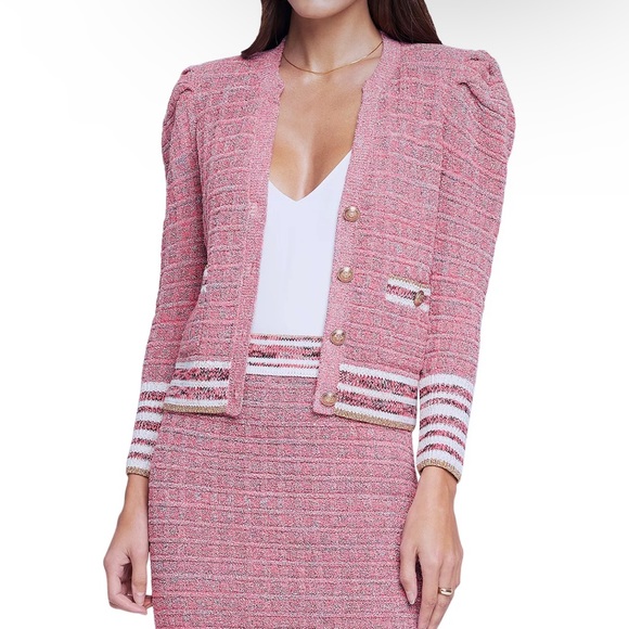 L'Agence Pink Jenni Puff Sleeve Fitted Cardigan Blazer NWOT - Picture 8 of 13